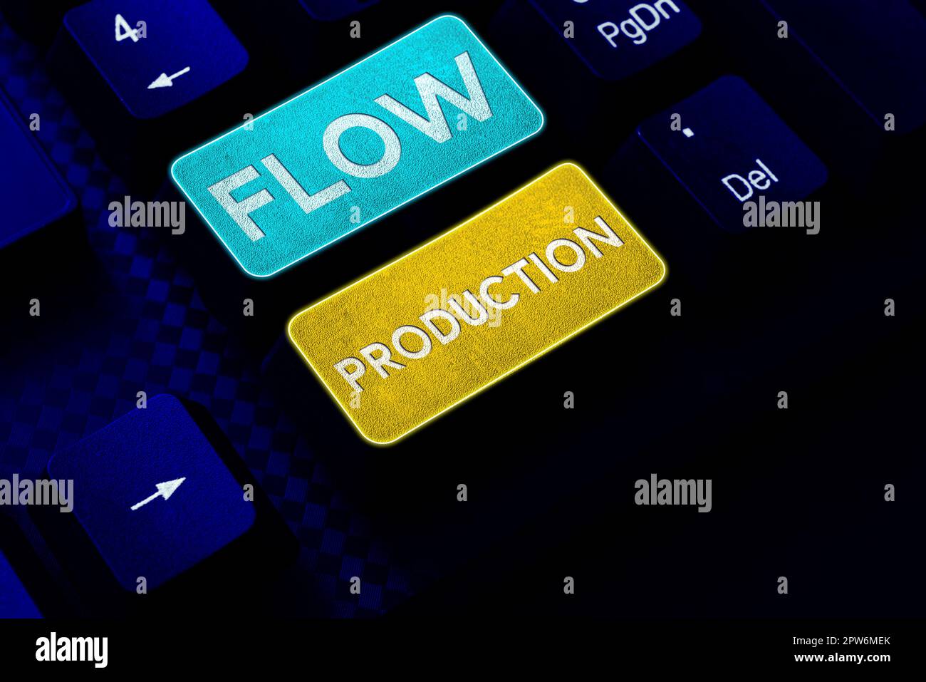 Il segno di testo che mostra Flow Production, gli elementi fotografici concettuali vengono prodotti da una fase di elaborazione a quella successiva Foto Stock