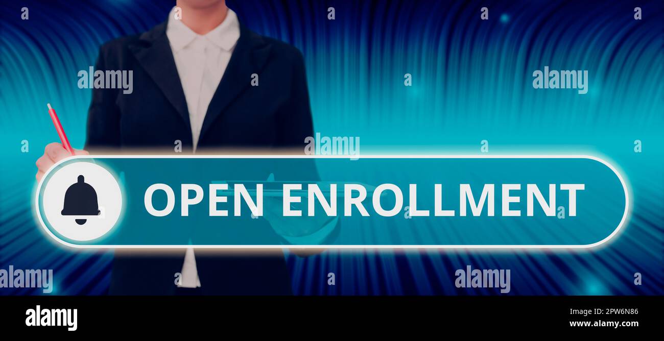 Visualizzazione concettuale Open Enrollment, concetto di Internet che consente agli studenti qualificati di iscriversi alla scuola Foto Stock