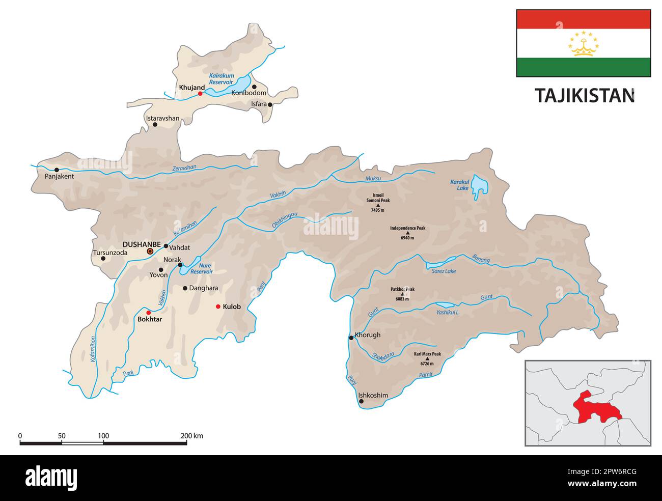 Mappa vettoriale dello stato dell'Asia centrale del Tagikistan con bandiera Illustrazione Vettoriale