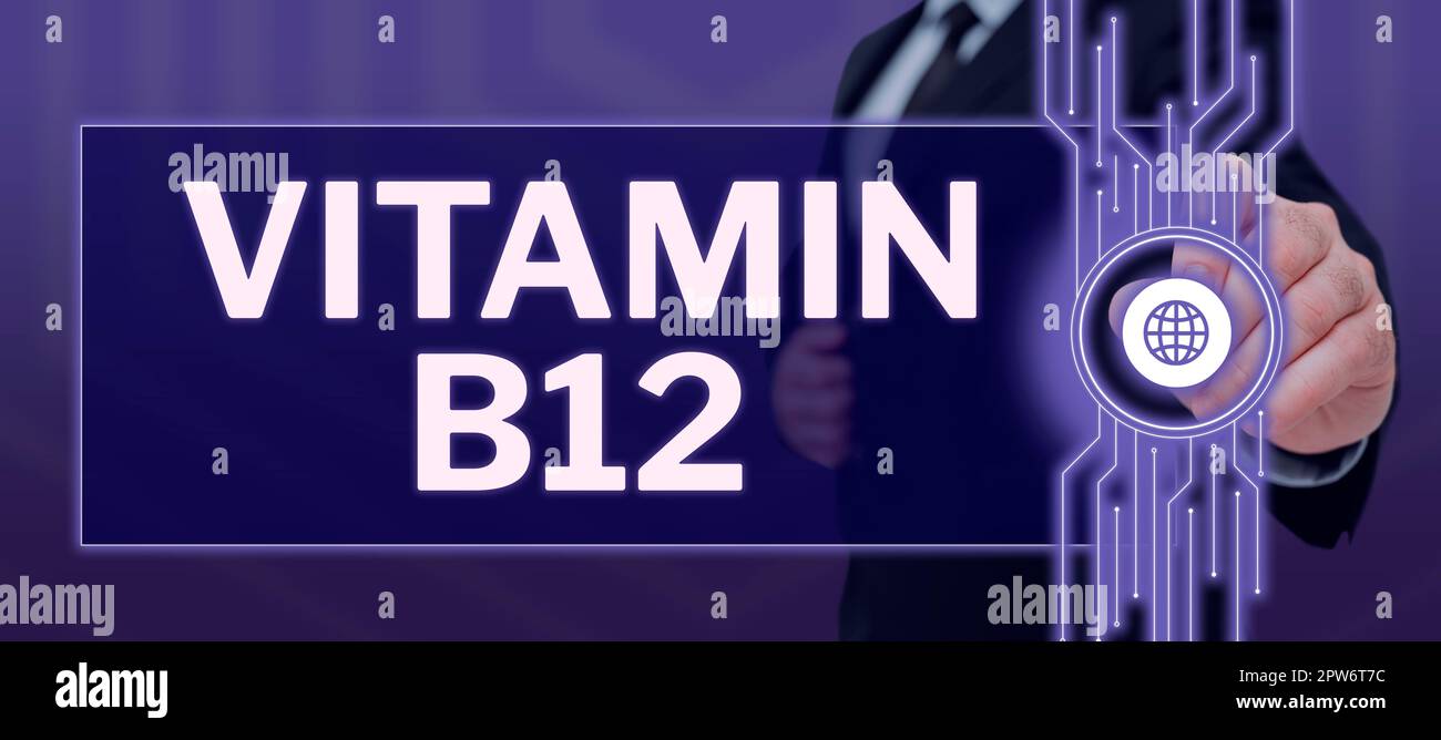 Segno che mostra la vitamina B12, parola scritta su Gruppo di sostanze essenziali per il funzionamento di certi enzimi Foto Stock