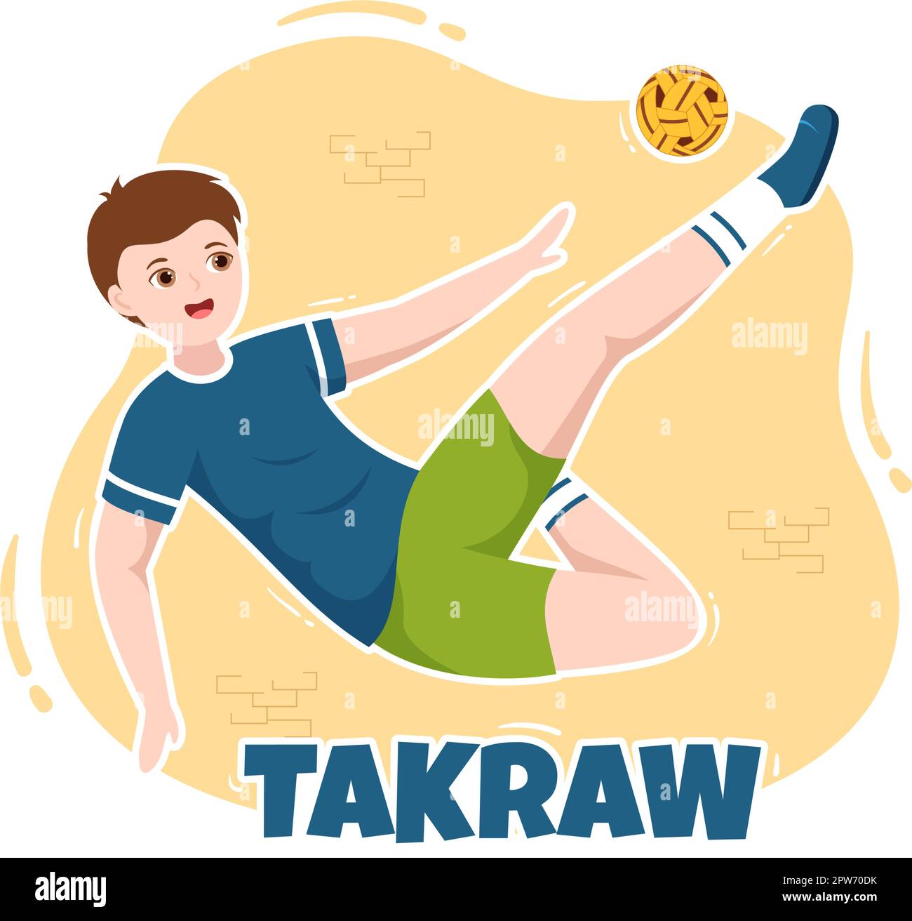 Sepak Takraw Illustrazione con atleta giocando Kick Ball sul campo in Flat Sports Game Competition Cartoon Hand disegnato per Landing Page Template Illustrazione Vettoriale