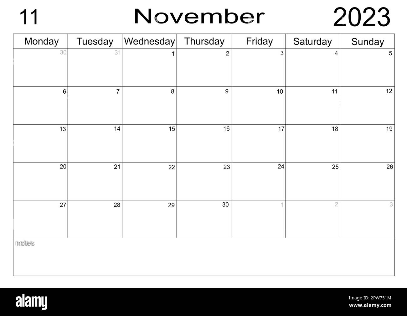 Pianificatore per novembre 2023. Programma per il mese. Calendario mensile. Organizzatore per novembre 2023. Business plan. Elenco delle attività per il mese. Celle vuote del piano Foto Stock