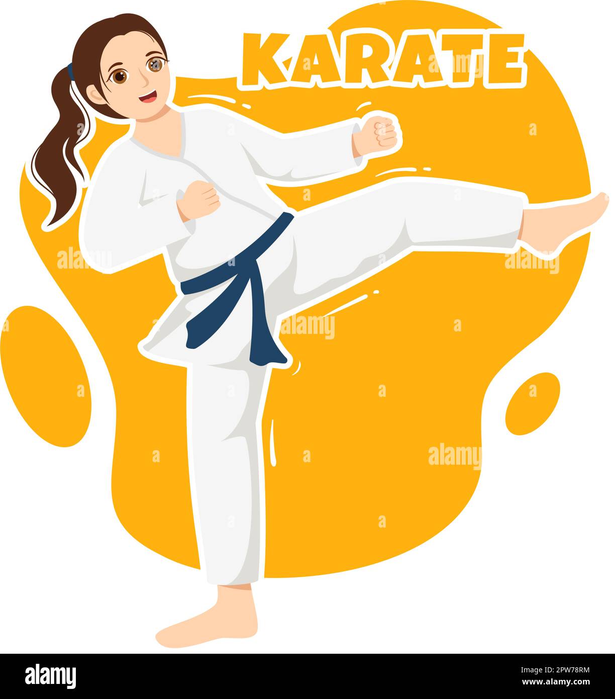 La gente che fa alcune mosse di base di arti marziali di Karate, posa di combattimento e vestendo Kimono in mano di Cartoon disegnata per l'illustrazione di modelli della pagina di atterraggio Illustrazione Vettoriale