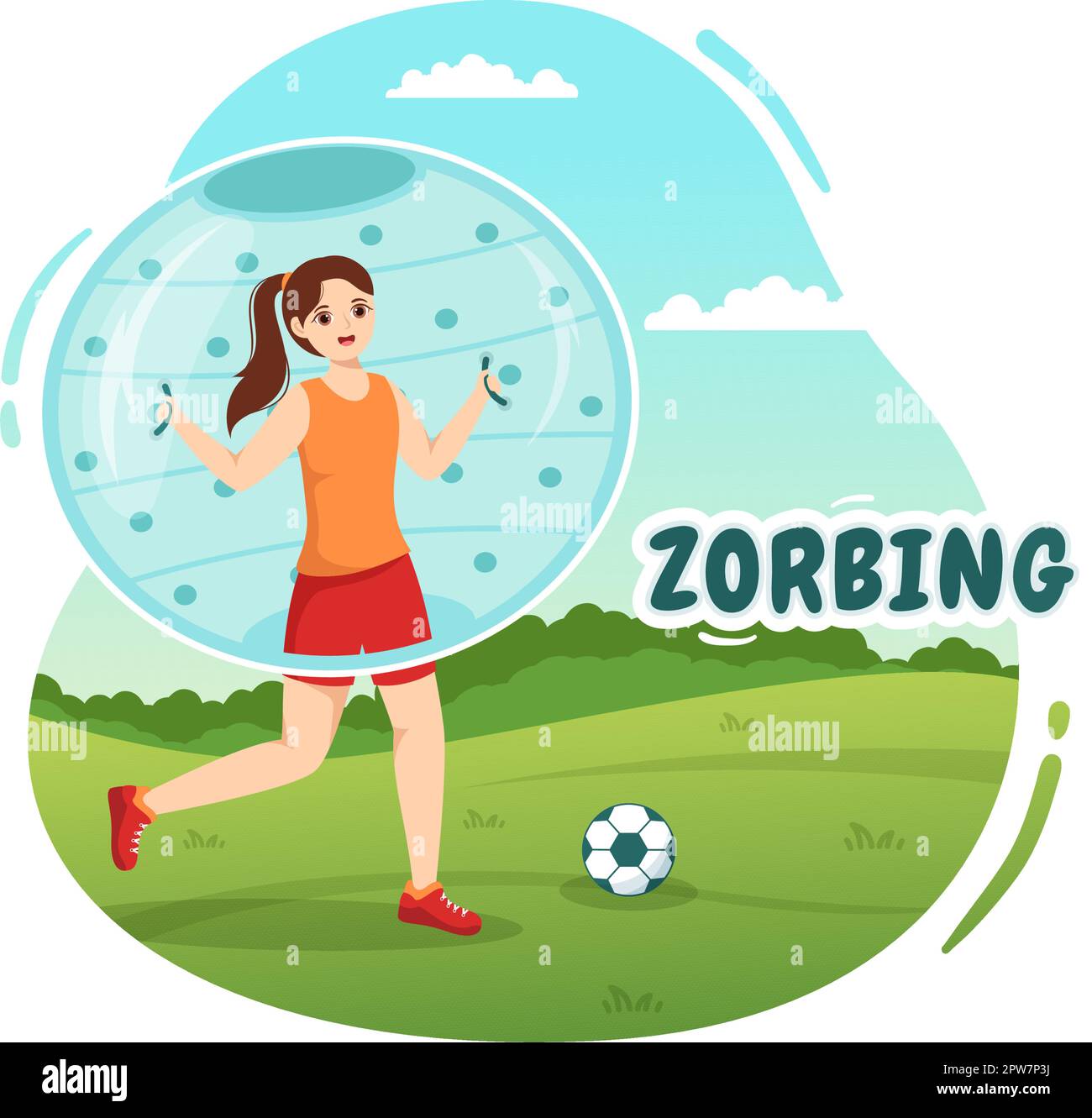 Illustrazione di Zorbing con la gente che gioca Bump di bolla sul campo verde o sul pool per il banner di fotoricettore o la pagina di atterraggio nei modelli disegnati a mano del cartoon piano Illustrazione Vettoriale