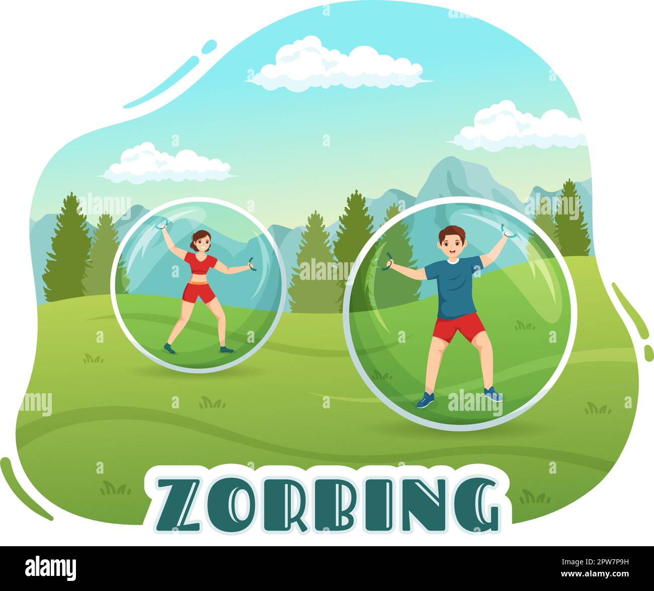 Illustrazione di Zorbing con la gente che gioca Bump di bolla sul campo verde o sul pool per il banner di fotoricettore o la pagina di atterraggio nei modelli disegnati a mano del cartoon piano Illustrazione Vettoriale