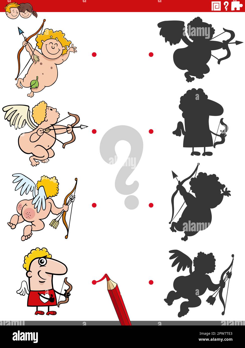 gioco d'ombra educativo con personaggi comici cupids Illustrazione Vettoriale