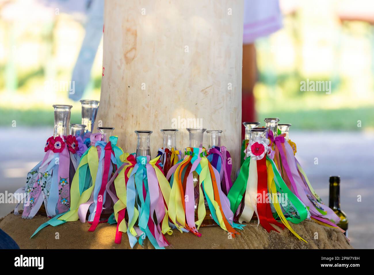 Particolare di decorazione popolare su bottiglie di vino, Rakvice, Moravia Meridionale, Repubblica Ceca Foto Stock