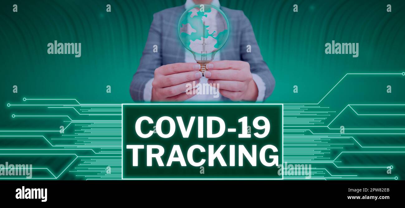 Segno che mostra il tracciamento di Covid 19, vetrina aziendale processo distintivo dei possibili individui infetti Foto Stock