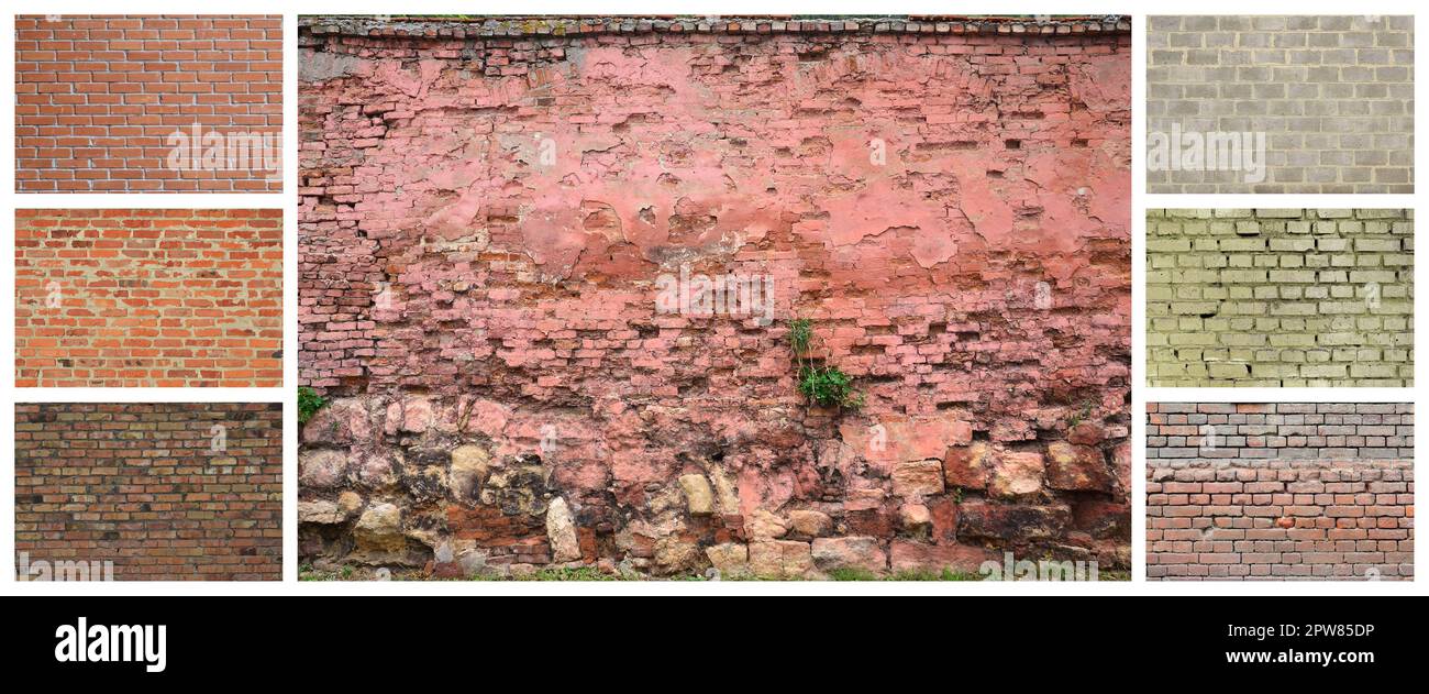 Un collage di tante foto con frammenti di muri di mattoni di diversi colori di close-up. Set di immagini con varietà di muratura Foto Stock