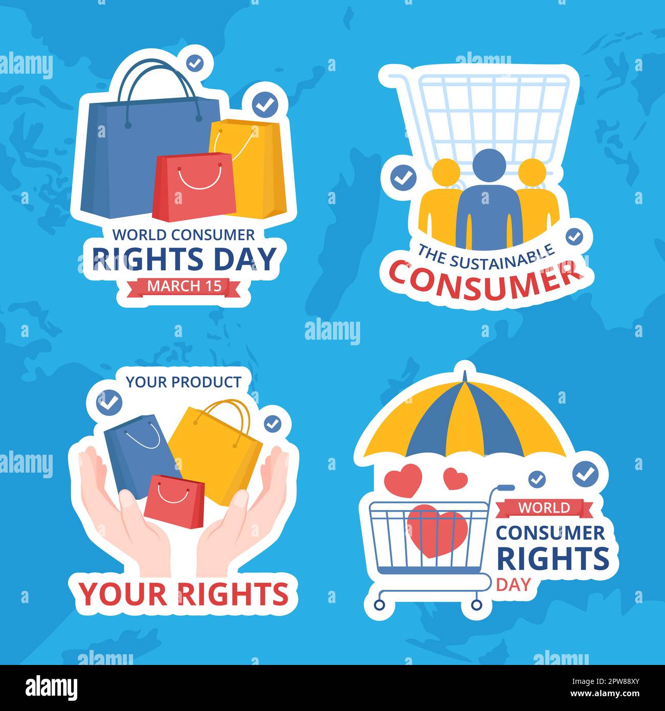 Etichetta piatta Cartoon modelli disegnati a mano per la Giornata mondiale dei diritti dei consumatori Illustrazione Illustrazione Vettoriale