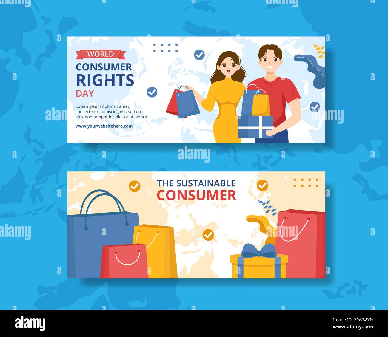 World Consumer Rights Day Banner orizzontale Cartoon modelli disegnati a mano Illustrazione Illustrazione Vettoriale