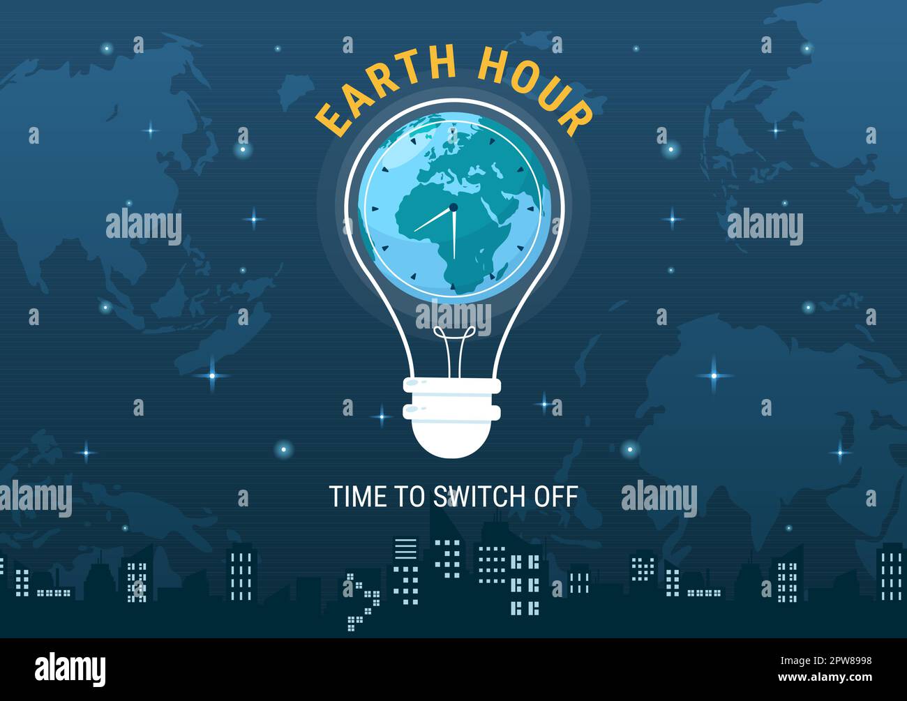 Happy Earth Hour Day Illustration con lampadina, mappa del mondo e tempo di spegnimento in Flat Sleep Cartoon modelli di landing page disegnati a mano Illustrazione Vettoriale