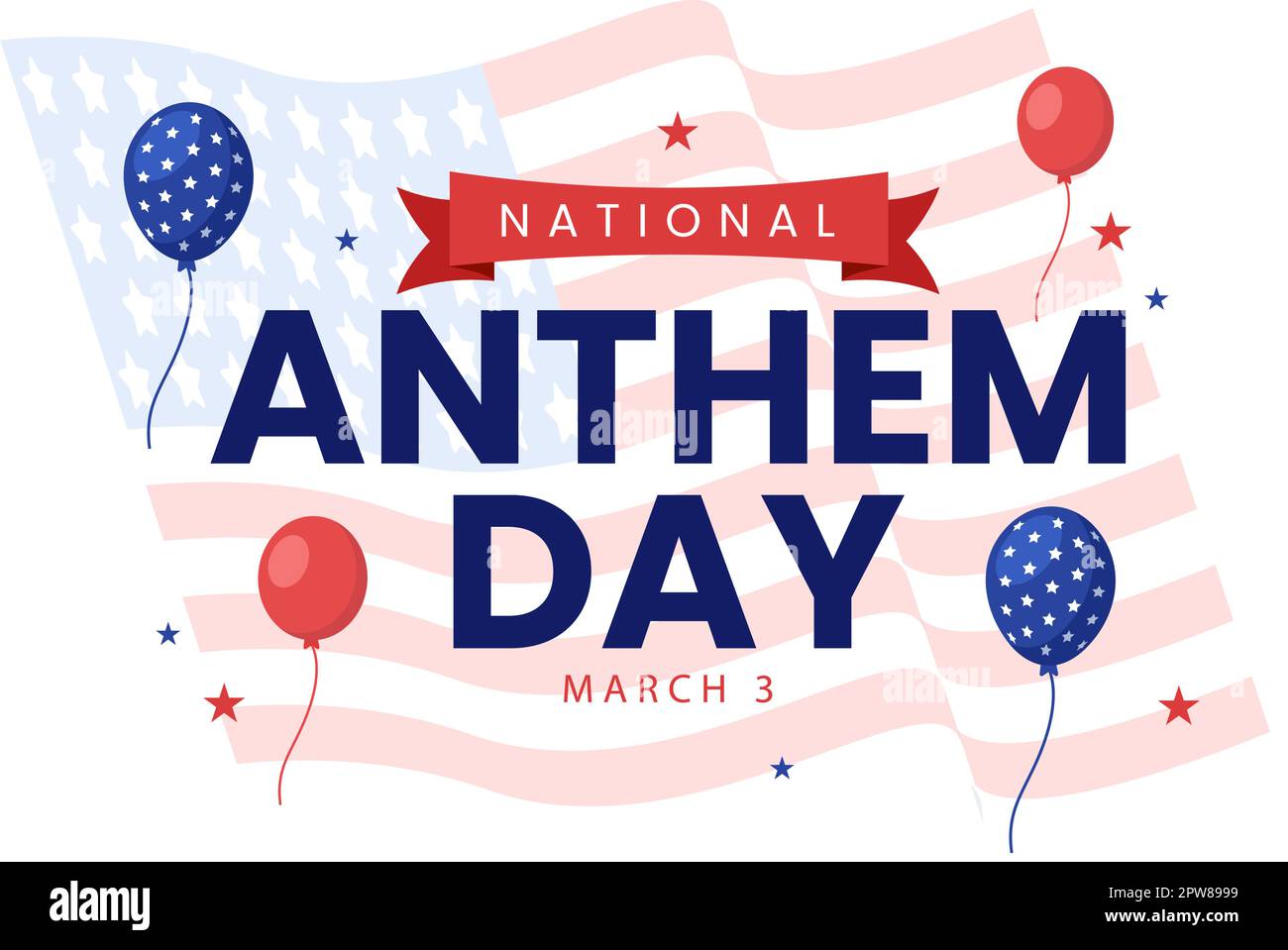 National Anthem Day il 3 marzo Illustrazione con Stati Uniti d'America Bandiera per banner Web o landing page in Cartoon piano modello disegnato a mano Illustrazione Vettoriale