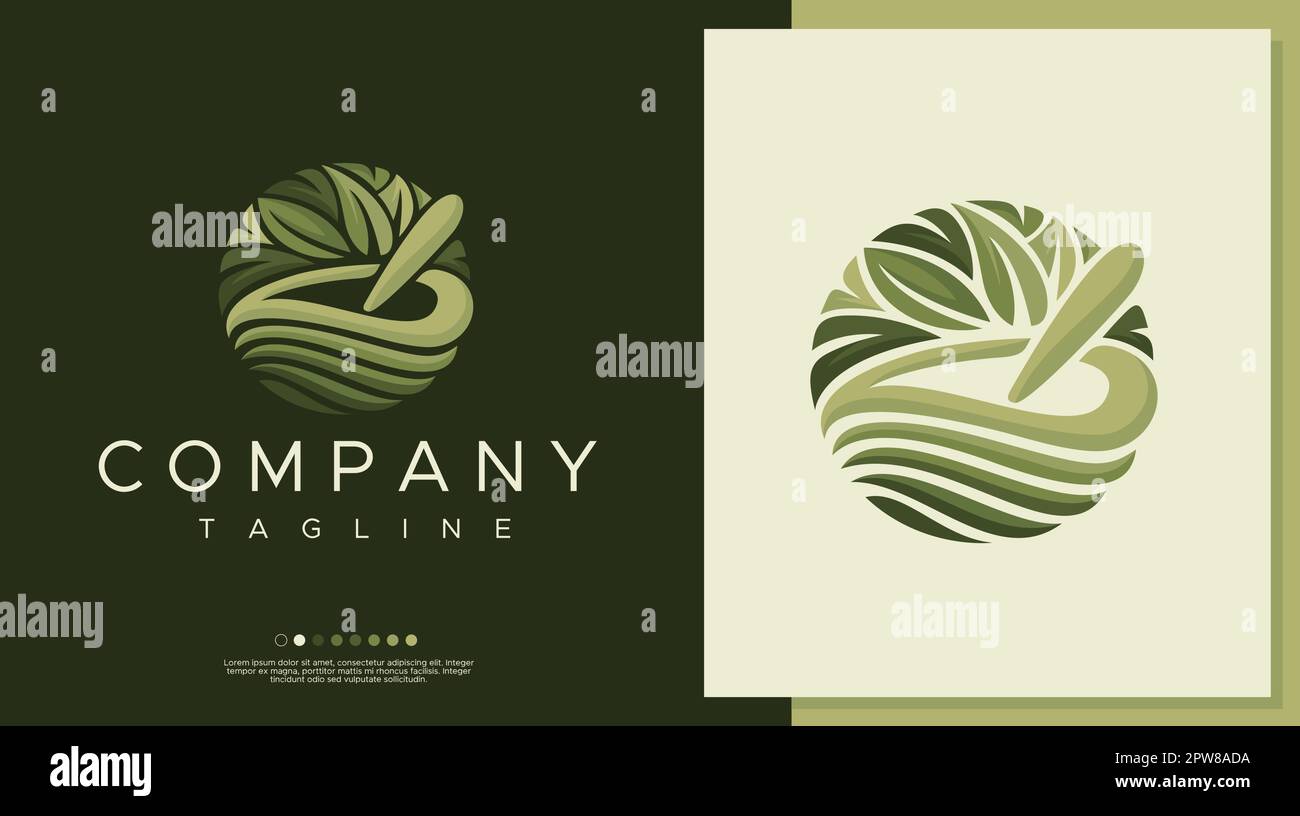 Modello colorato di design logo farmacia foglia. Mortaio a base di erbe marchio vettore. Illustrazione Vettoriale