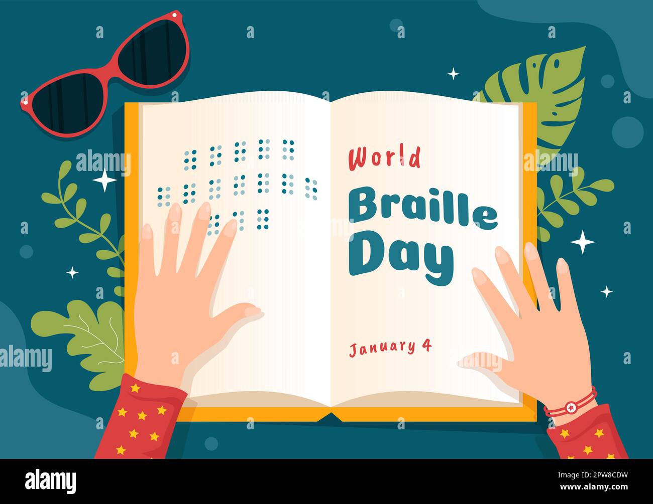 Giornata Mondiale del Braille il 4th gennaio con testo di Alphabet per i mezzi di comunicazione in Cartoon piano modelli disegnati a mano Illustrazione Illustrazione Vettoriale