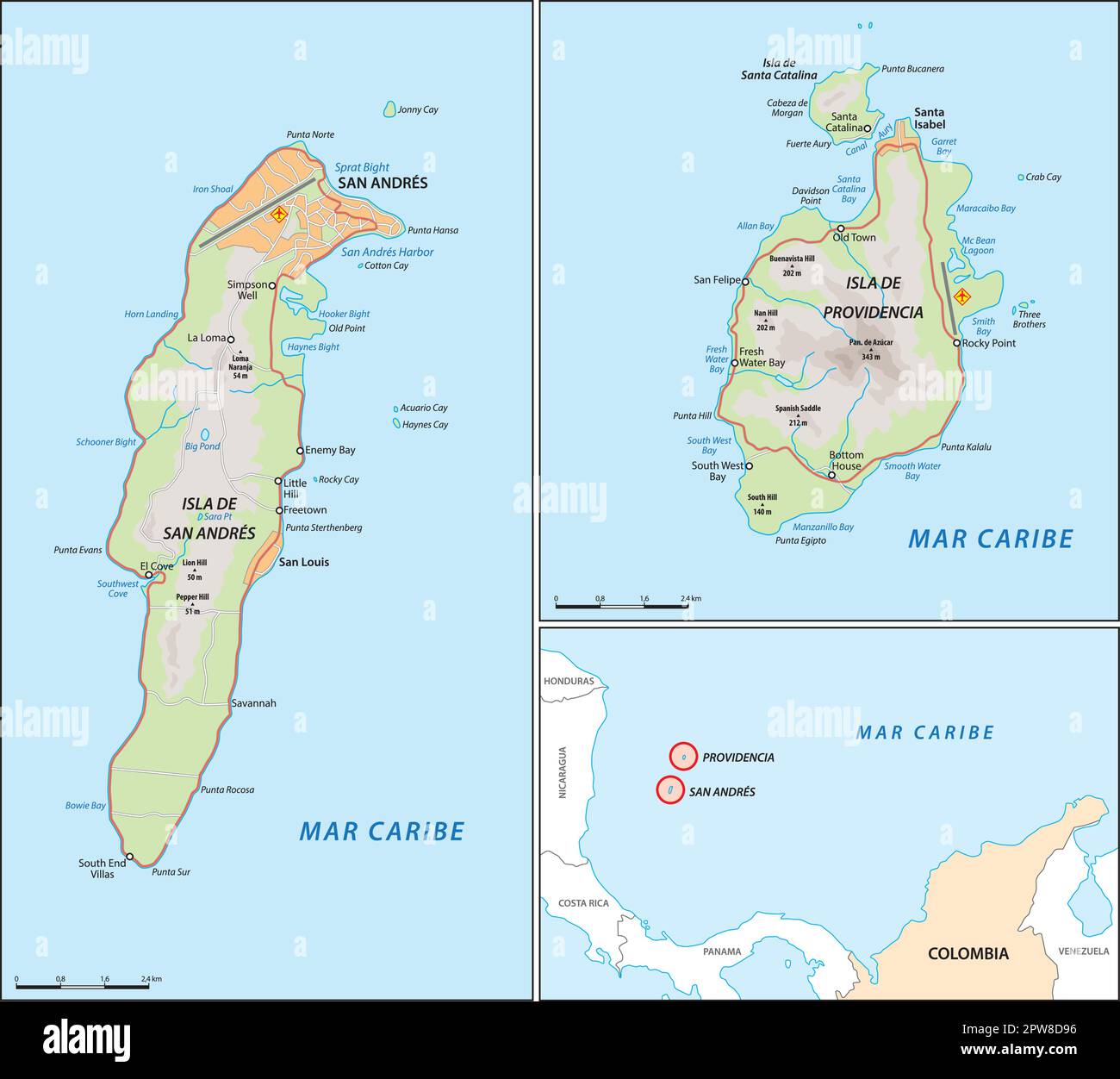 Mappa delle isole colombiane di San AndreÌs e Providencia Illustrazione Vettoriale