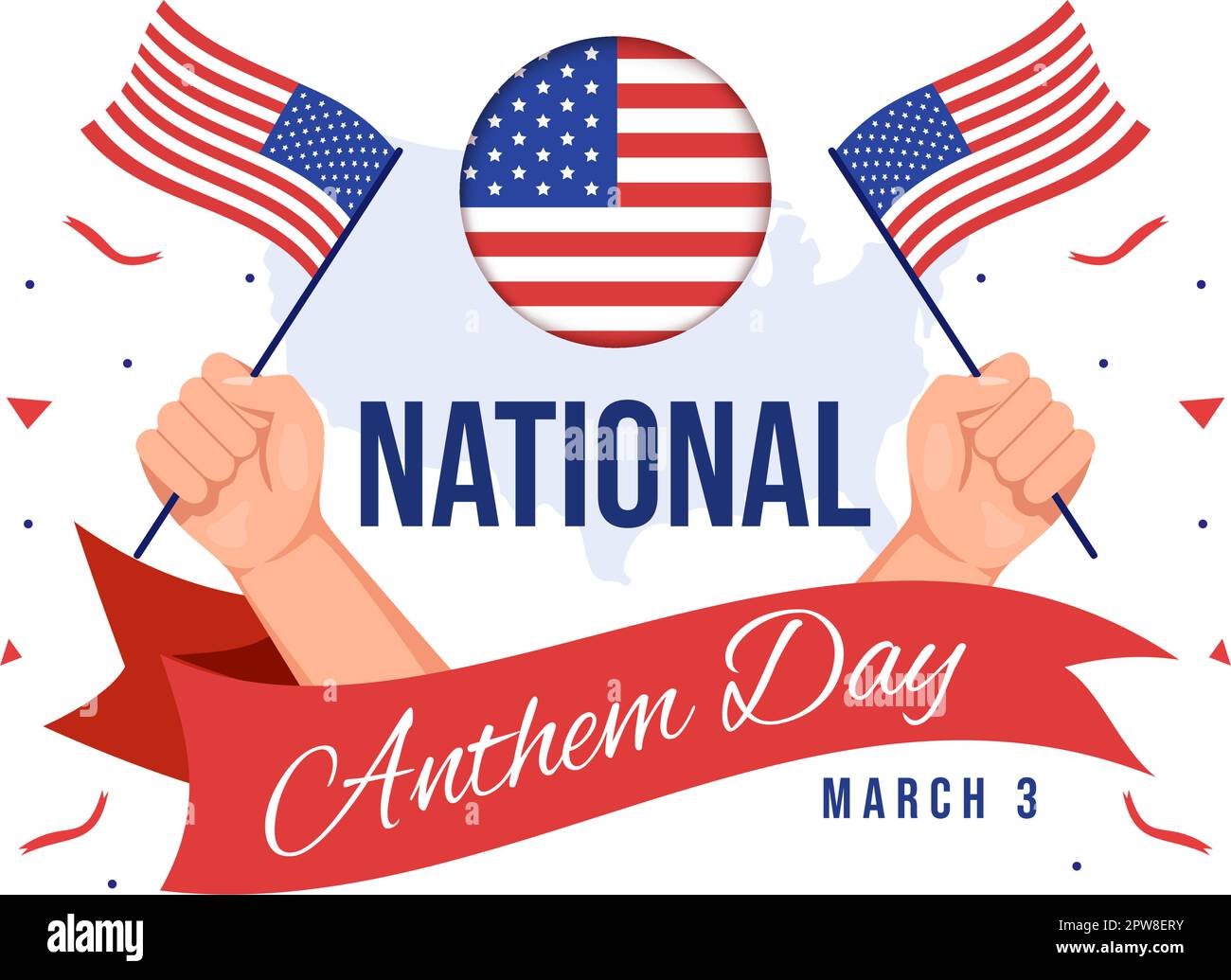 National Anthem Day il 3 marzo Illustrazione con Stati Uniti d'America Bandiera per banner Web o landing page in Cartoon piano modello disegnato a mano Illustrazione Vettoriale