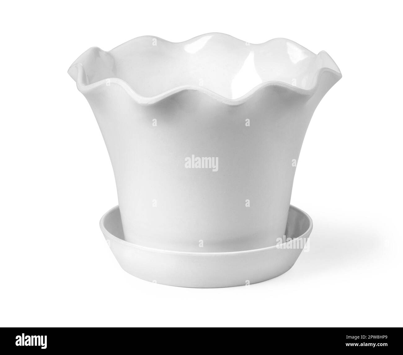 Vaso di plastica grigio, vuoto isolato su sfondo bianco, con percorso di ritaglio Foto Stock