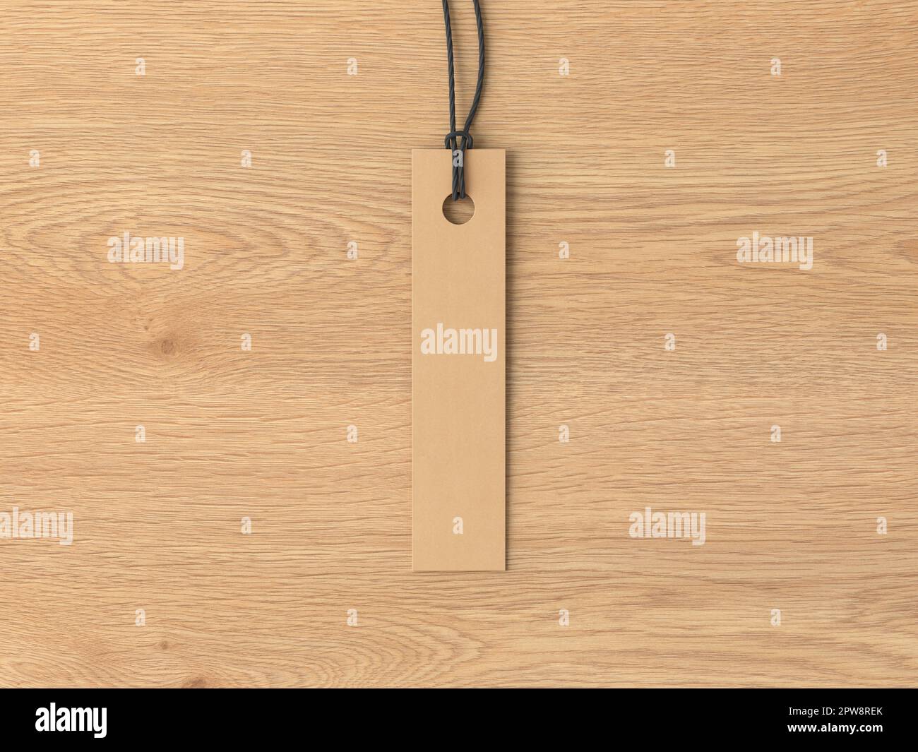 Mockup di etichette lunghe in cartone su sfondo di legno. Visualizza direttamente sopra Foto Stock