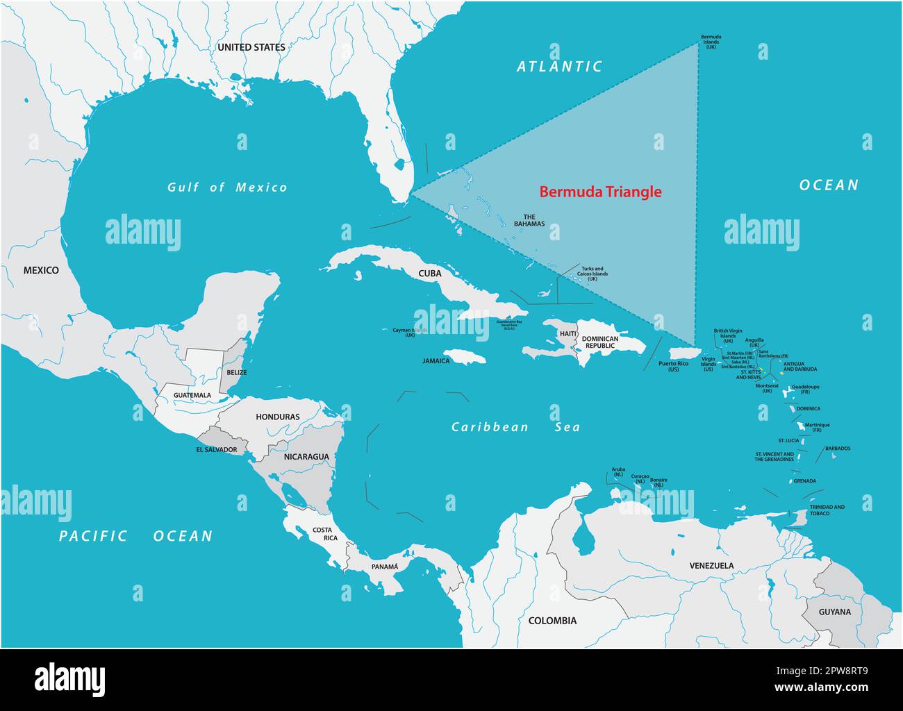 Mappa Triangolo delle Bermuda o Triangolo del Diavolo nell'Oceano Atlantico Illustrazione Vettoriale
