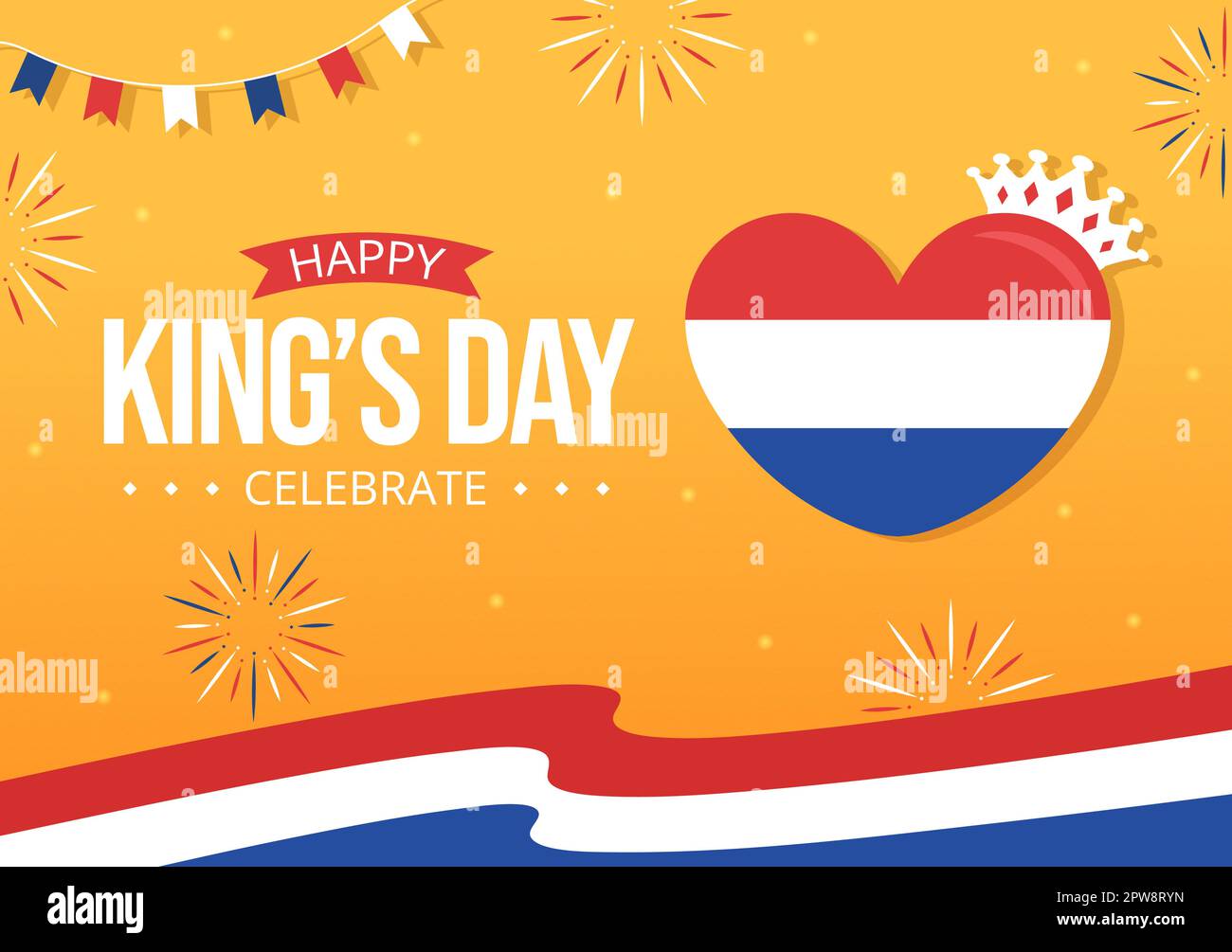 Happy Kings Netherlands Day Illustration con Waving Flags e King Celebration per banner Web o Landing Page in Cartoon piano modelli disegnati a mano Illustrazione Vettoriale