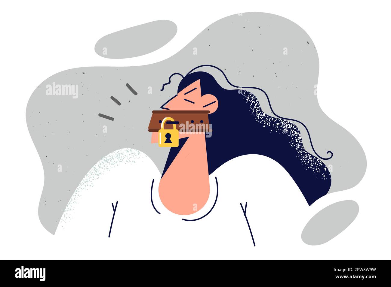 Donna con lucchetto vicino alla bocca per limitare la libertà di parola e silenzio argomenti segreti nelle notizie Illustrazione Vettoriale