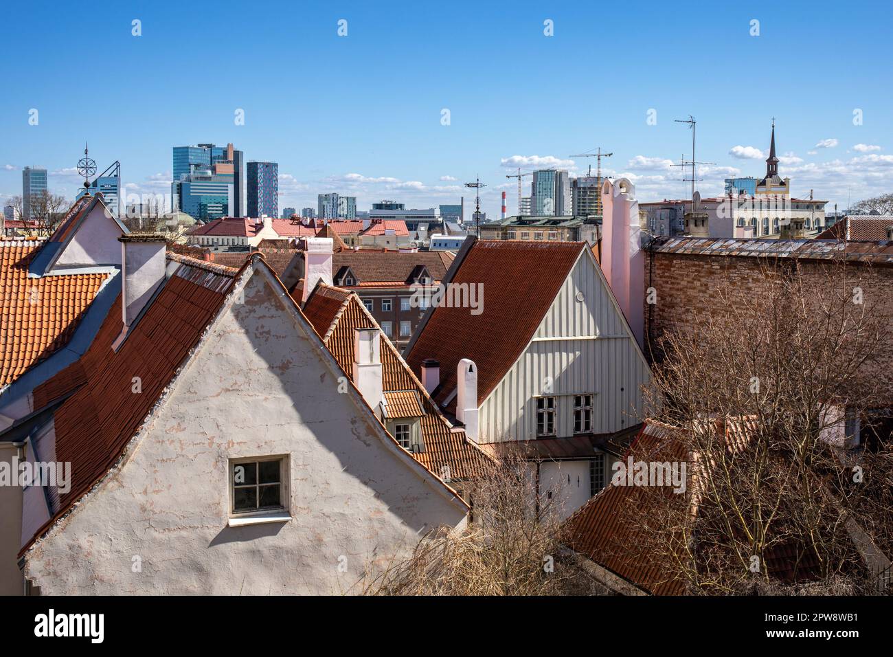 I tetti di Vanalinn sullo sfondo dei grattacieli del distretto di Maakri nel centro storico di Tallinn, Estonia Foto Stock