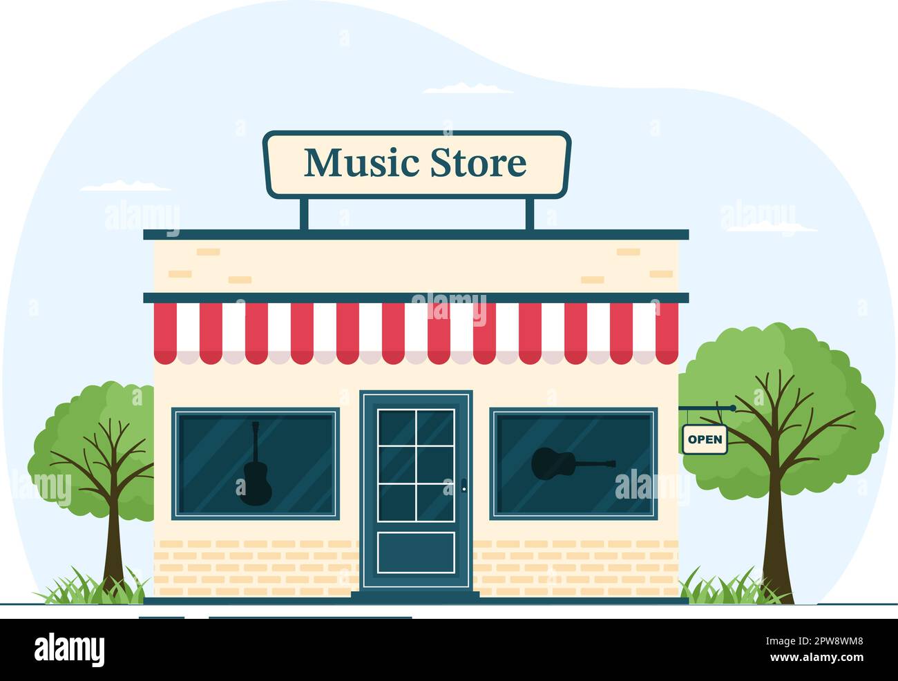 Music Store con vari strumenti musicali, CD, cassette e registrazioni audio in cartoon piano modello disegnato a mano Illustrazione Vettoriale