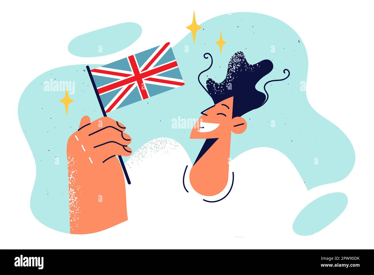 L'uomo con bandiera del Regno Unito sorride dopo l'emigrazione a Londra o l'istruzione in Inghilterra Illustrazione Vettoriale