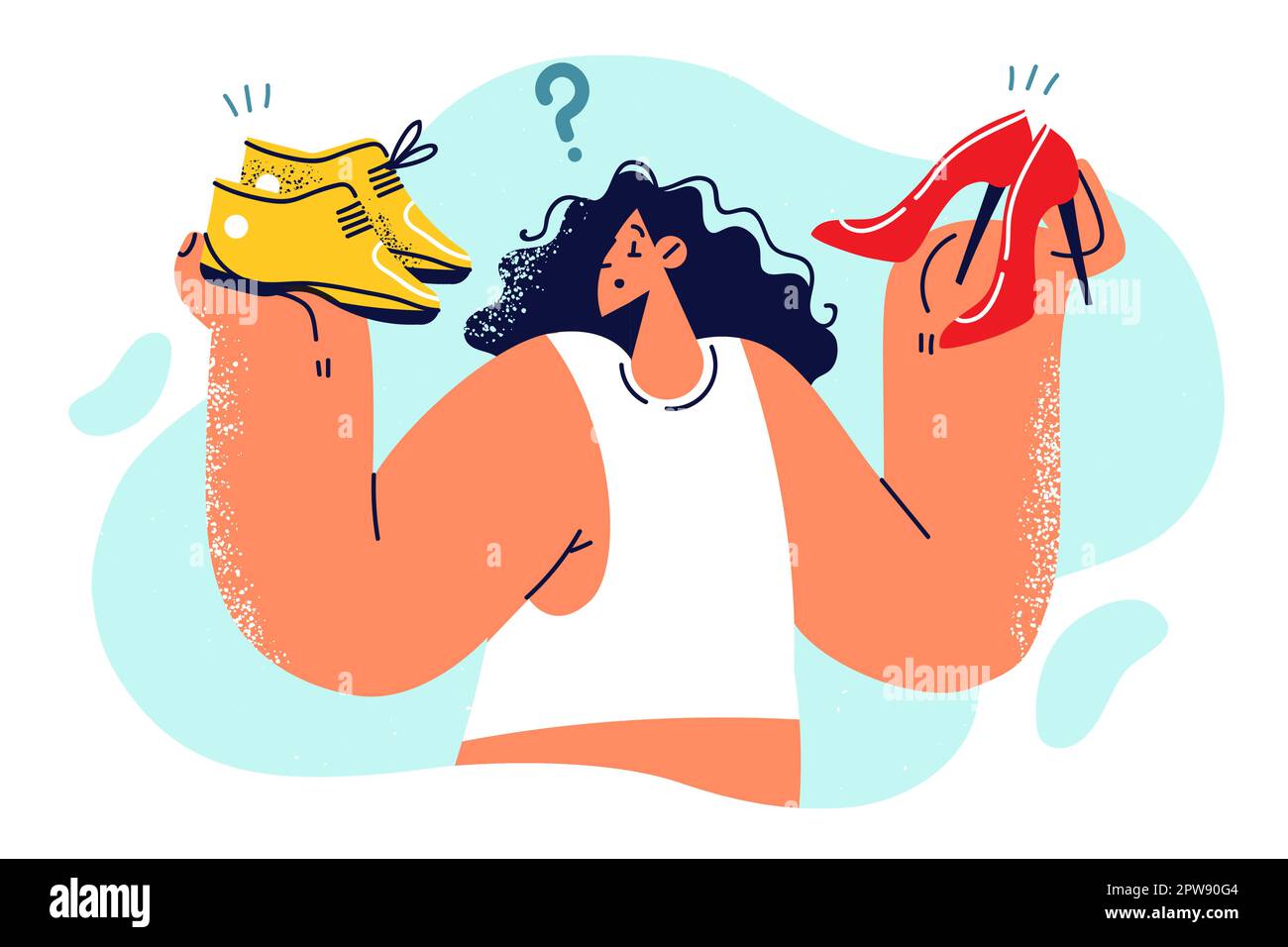 La donna sceglie tra scarpe da ginnastica e scarpe con tacco alto da indossare per passeggiare nel parco o per fare festa alla moda Illustrazione Vettoriale