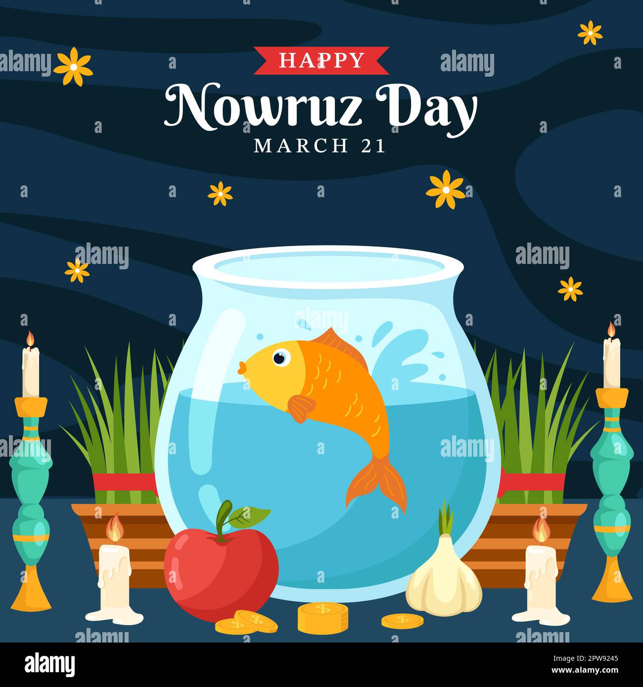 Happy Nowruz Day Social Media sfondo Illustrazione piano Cartoon modelli disegnati a mano Illustrazione Vettoriale