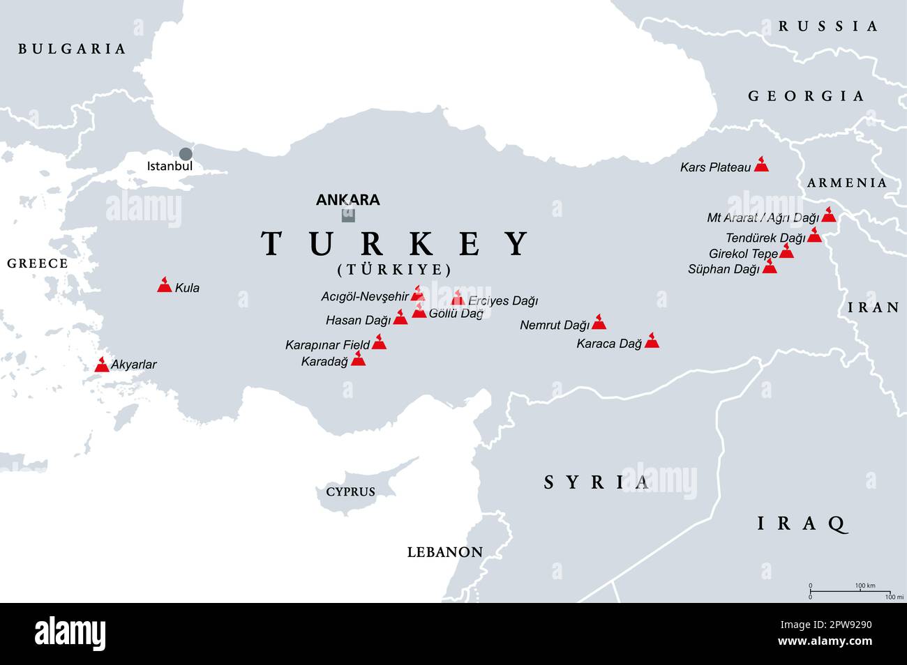 Turchia, vulcani dormienti ed estinti in Anatolia, mappa politica Illustrazione Vettoriale
