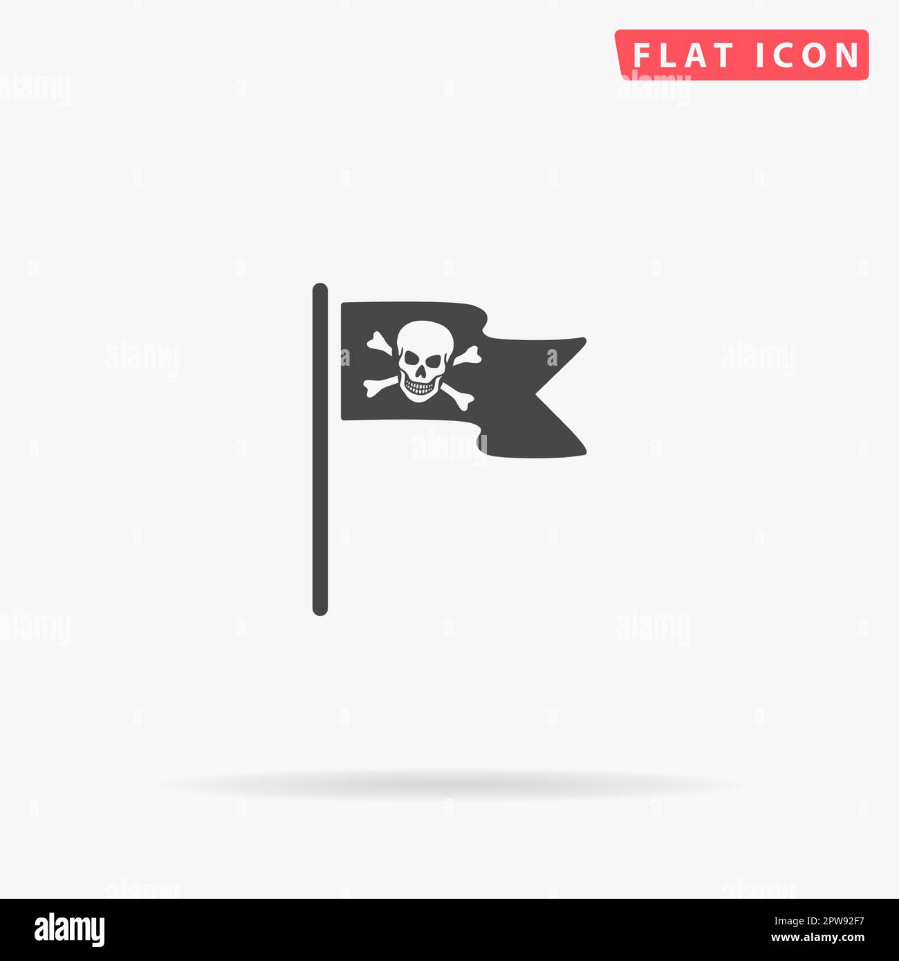 Jolly Roger o Skull e Cross ossa pirata bandiera. Semplice simbolo nero piatto con ombra su sfondo bianco. Pittogramma di illustrazione vettoriale Illustrazione Vettoriale