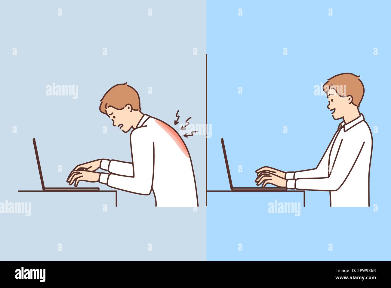 L'uomo con notebook sente dolore alla schiena e per una postura errata sul posto di lavoro Illustrazione Vettoriale