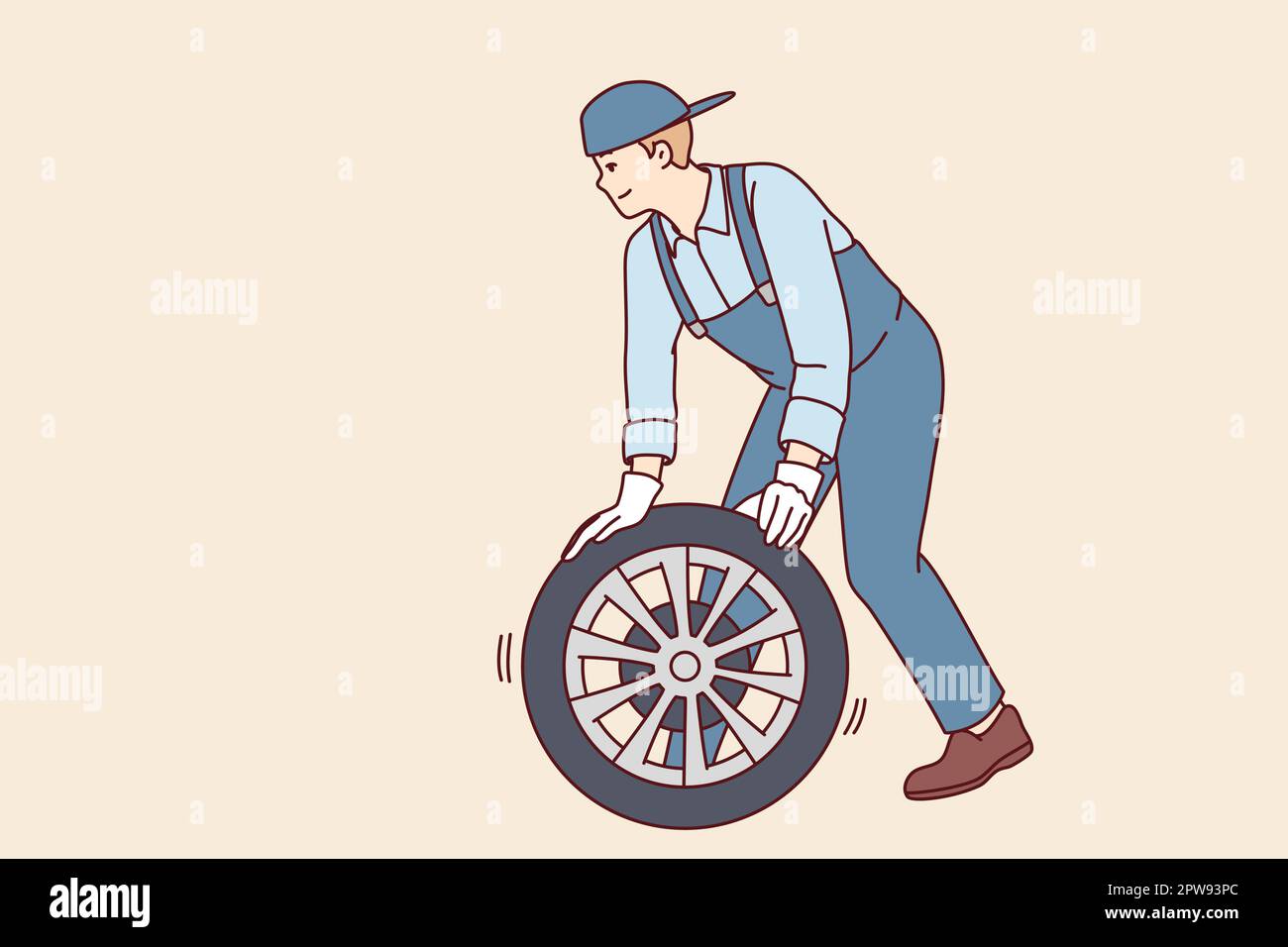 Man automobile riparatore cambia la ruota dell'automobile a nuova per effettuare l'ispezione programmata Illustrazione Vettoriale