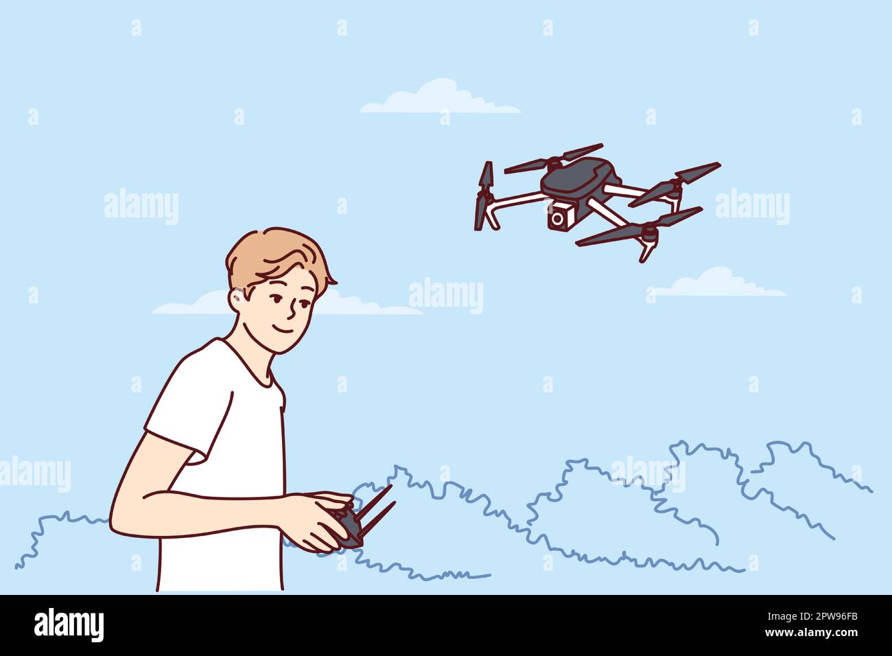 Teenage boy lancia il quadcopter utilizzando il telecomando e realizza fotografie aeree dal drone Illustrazione Vettoriale