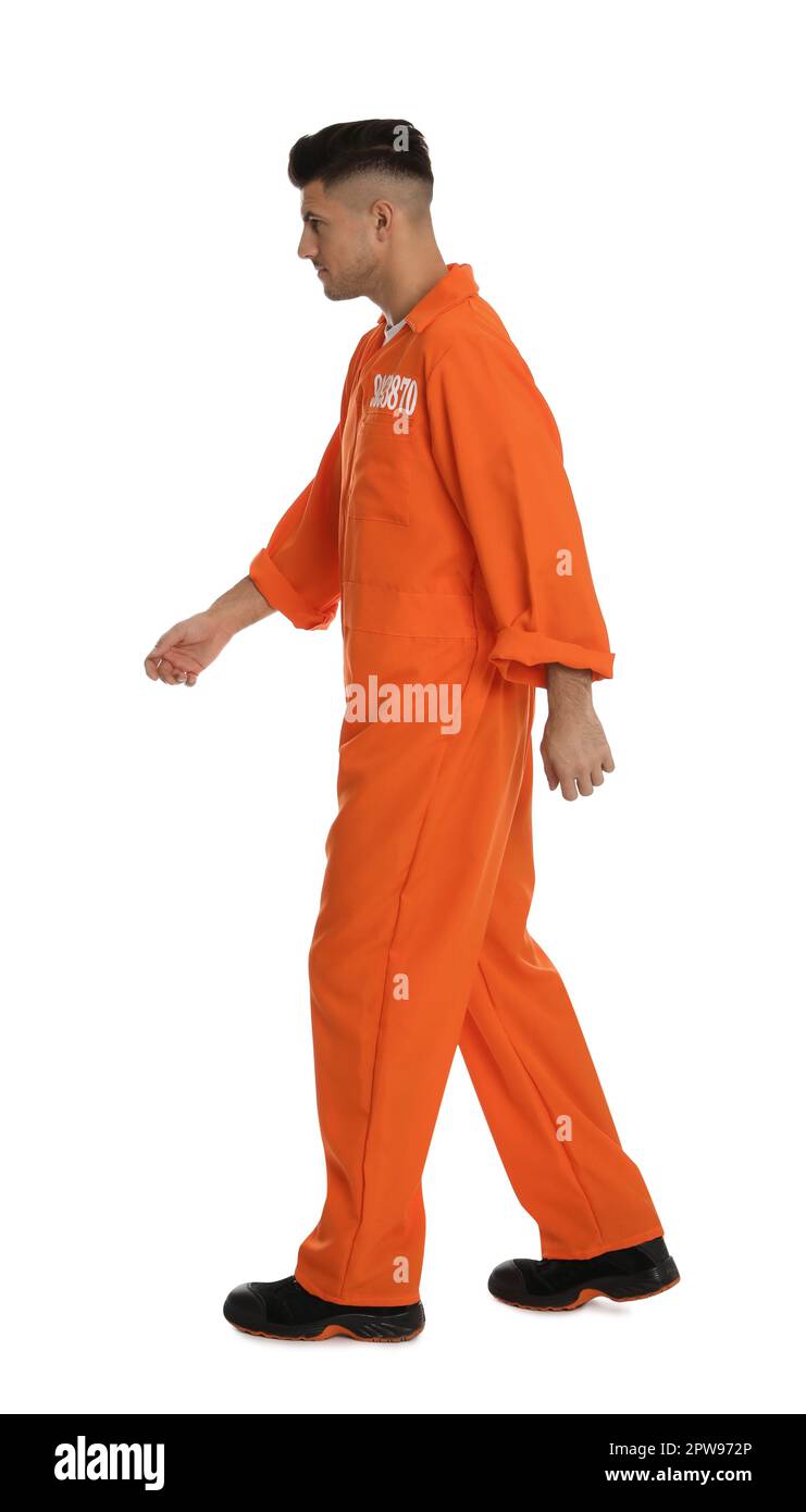 Prigioniero in tuta arancione su sfondo bianco Foto Stock