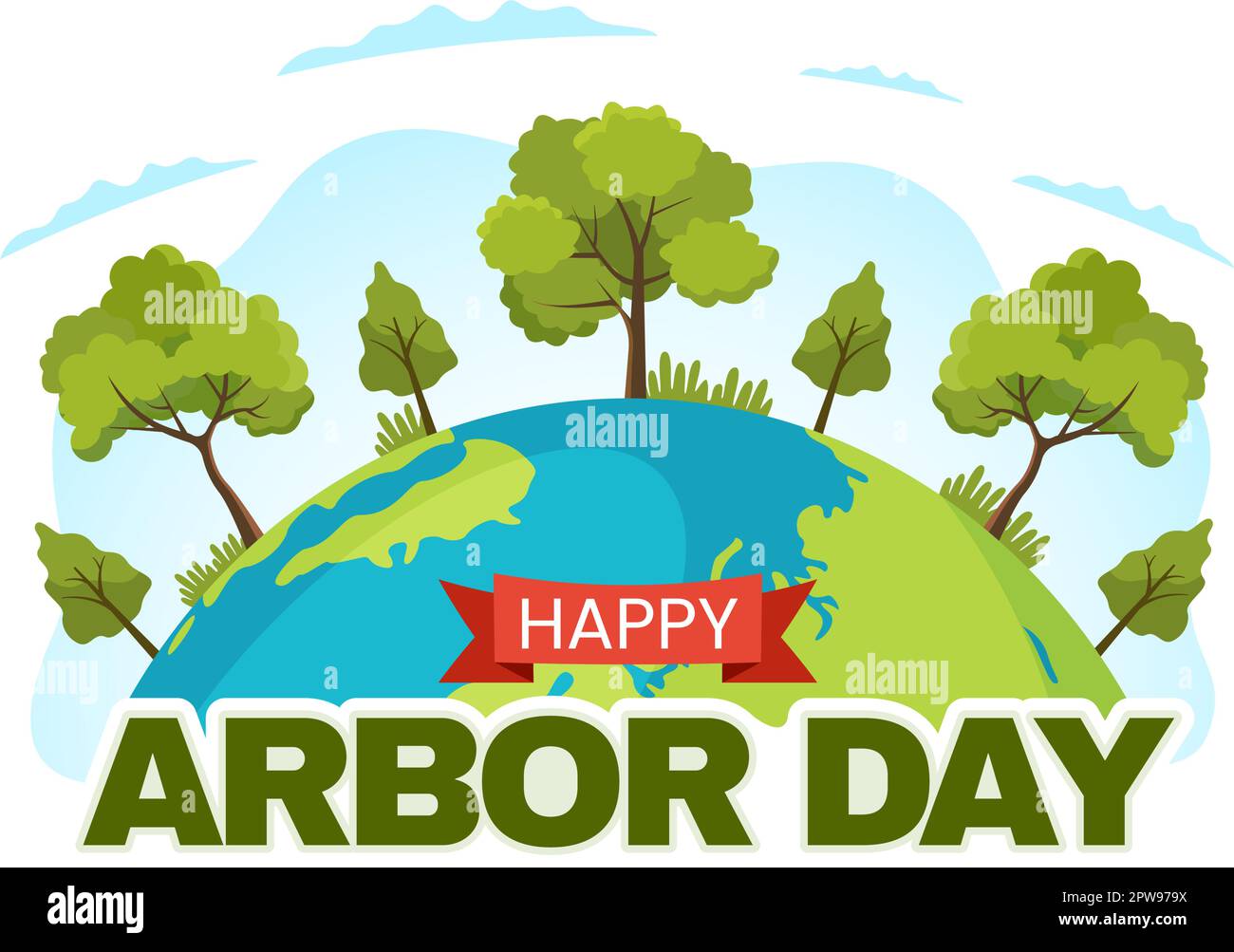 Happy Arbor Day il 28 aprile Illustrazione con albero verde, attrezzi da giardino e ambiente naturale in piano Cartoon mano disegnato per Landing Page Templates Illustrazione Vettoriale