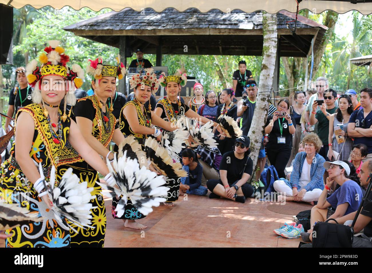 Belle Signore Orang Ulu di Sarawak risplendente nel loro abbigliamento tradizionale e danza piuma prop. Foto Stock