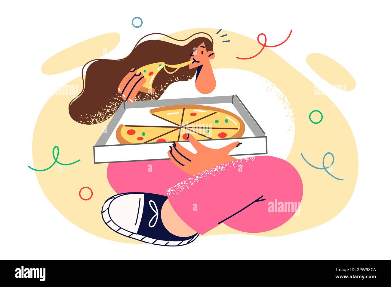 Donna affamata seduta al piano con pizza al suo interno consegnata dal ristorante italiano Illustrazione Vettoriale