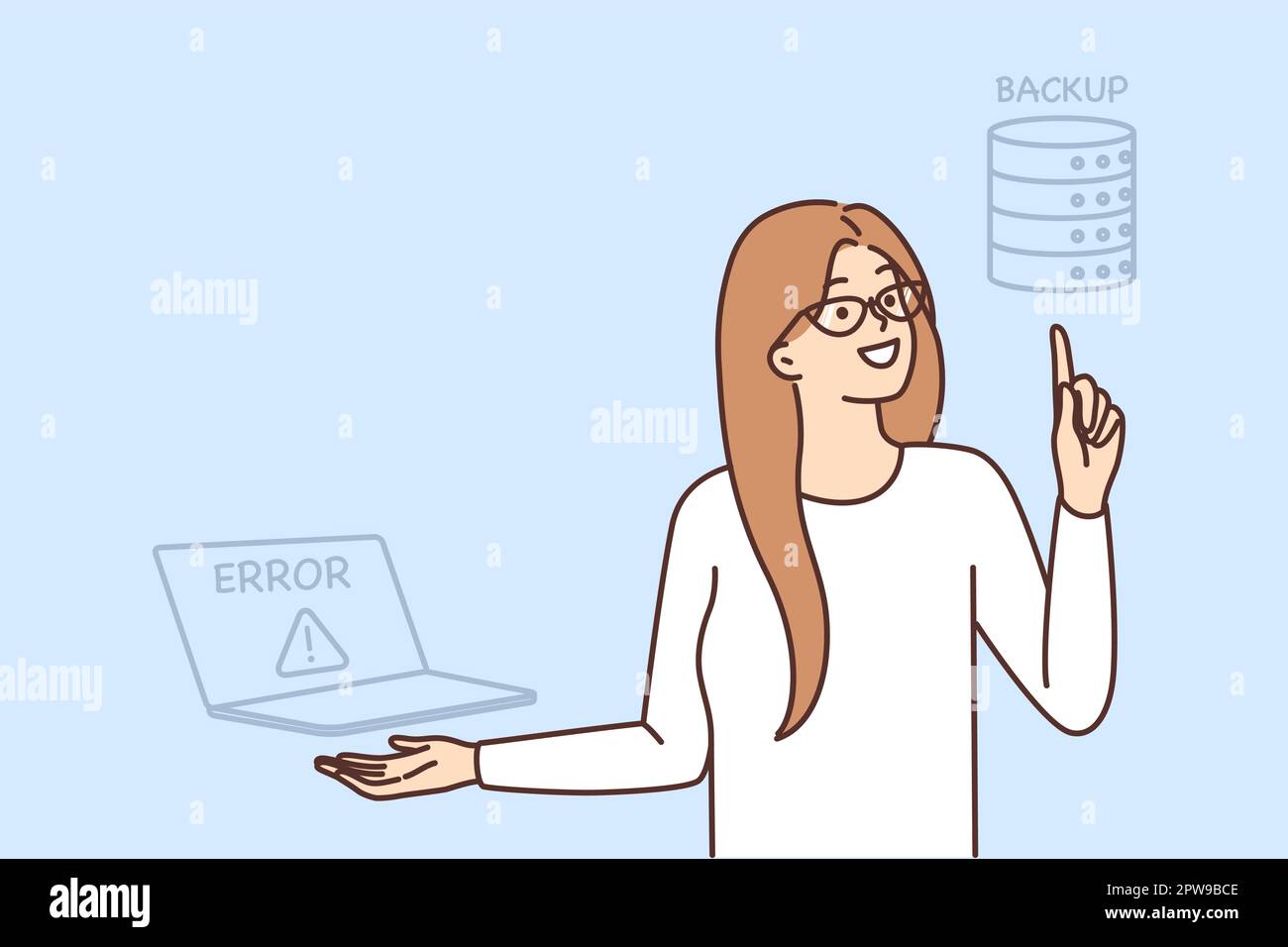 Donna specialista IT vuole recuperare i file persi dal backup dopo il blocco del notebook Illustrazione Vettoriale