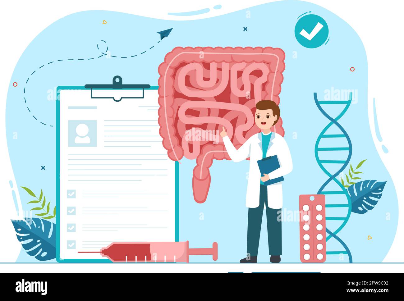 Proctologo o Colonoscopia Illustrazione con un medico esamina del Colon e batteri nocivi in Cartoon mano disegnato per Landing Page Templates Illustrazione Vettoriale