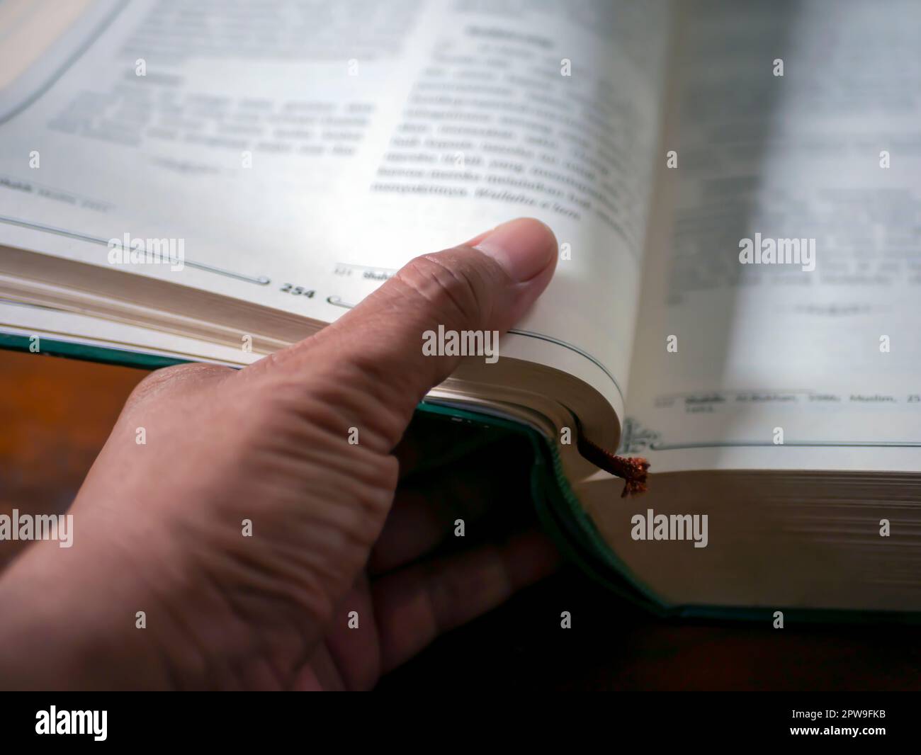 Un pollice che capovolgerà le pagine di un libro in fuoco poco profondo, priorità bassa educativa Foto Stock