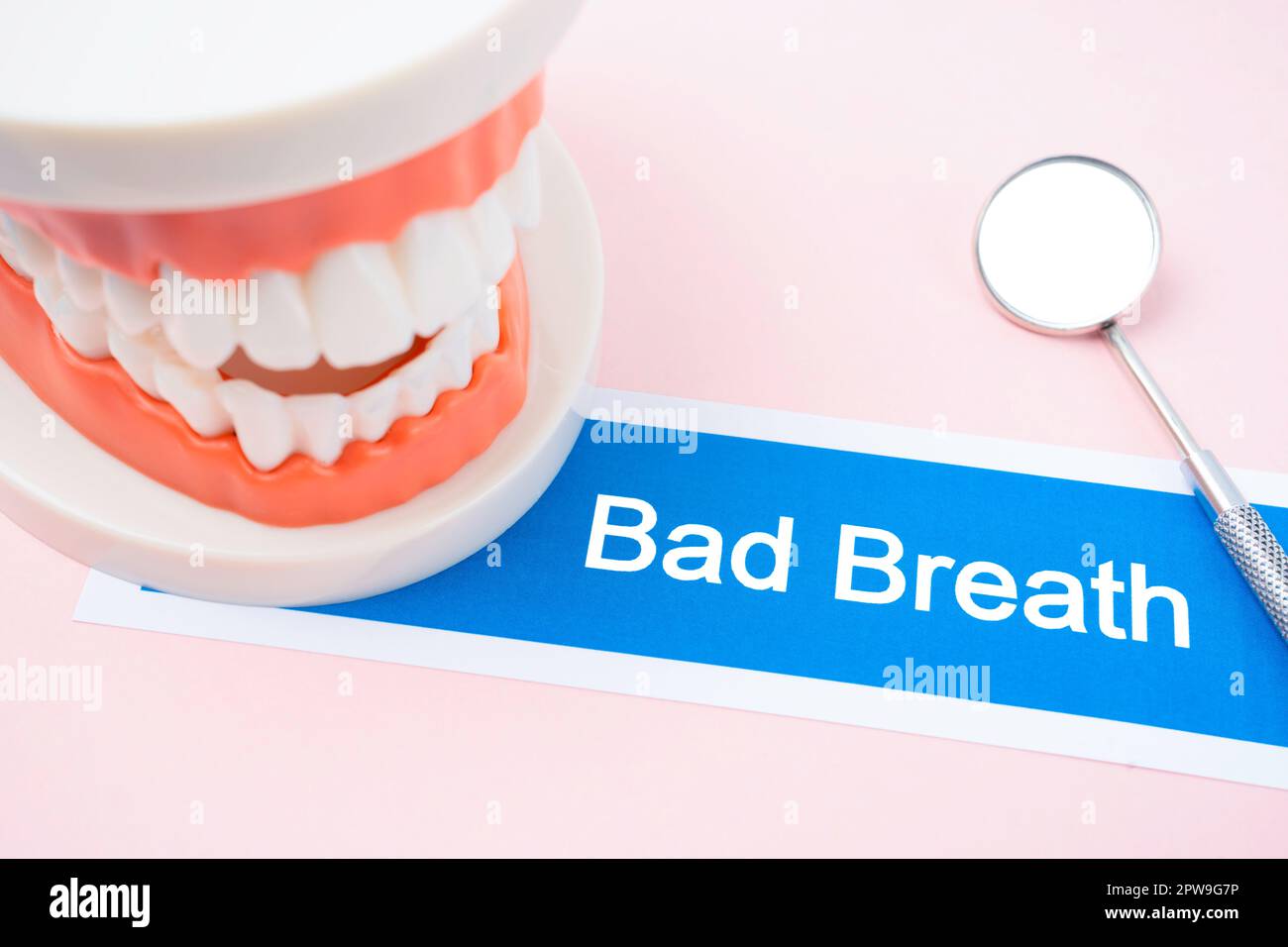 Modello di denti con malata malattia dentale alito su sfondo di colore rosa. Foto Stock