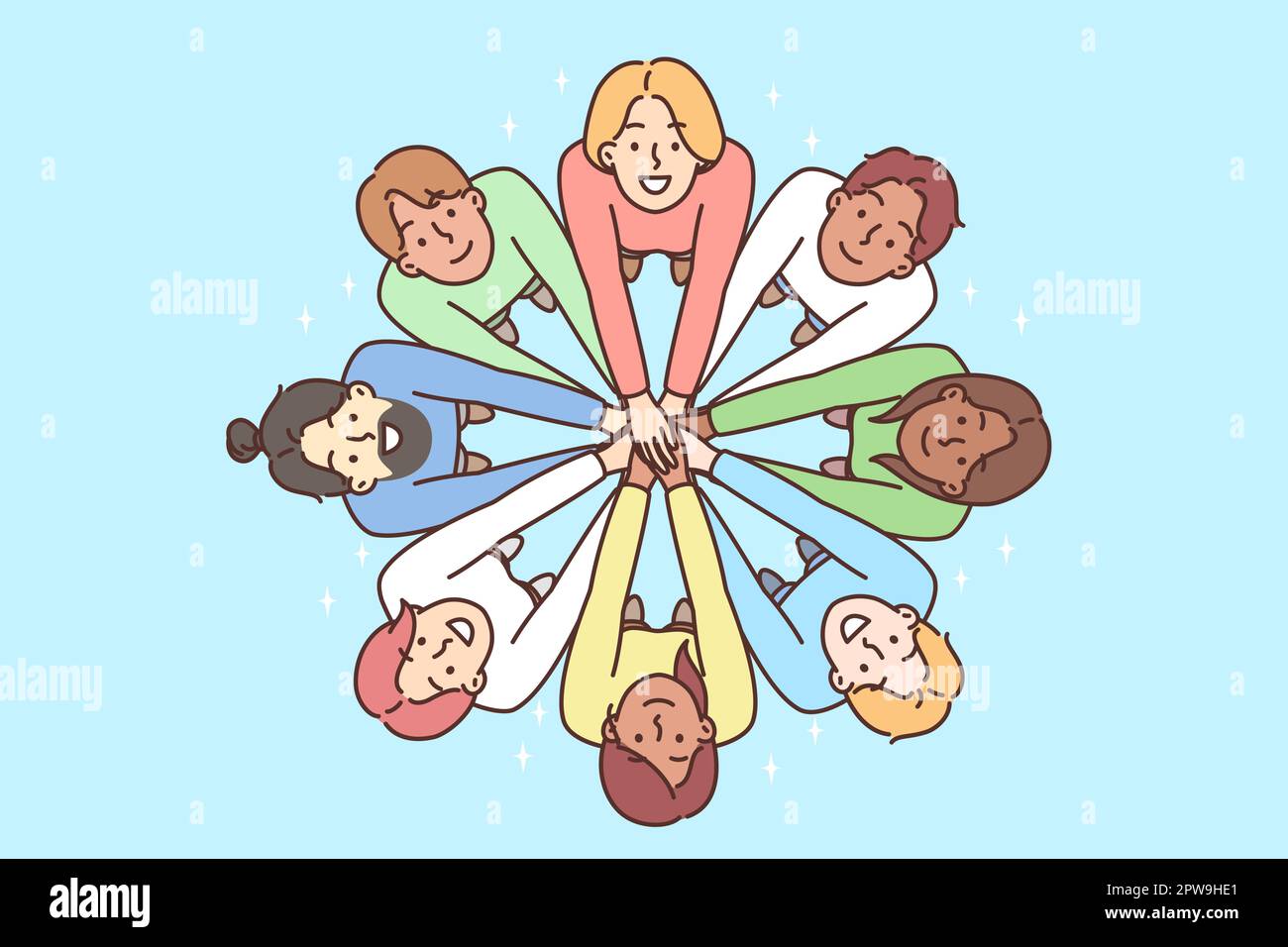 La gente multirazziale sta in cerchio con le mani allungate per dimostrare l'amicizia Illustrazione Vettoriale