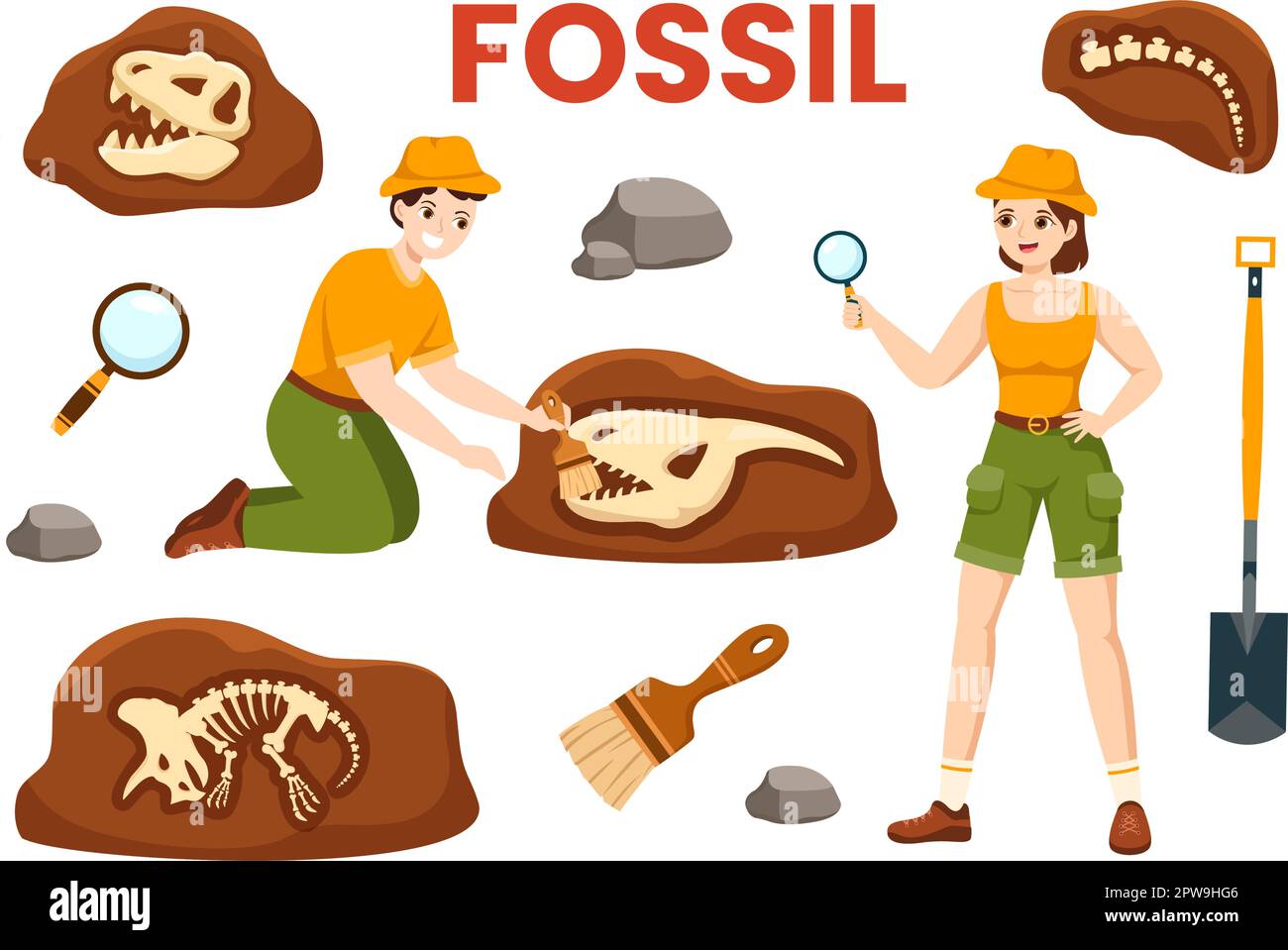 L'illustrazione fossile con gli archeologi trova gli scheletri dei dinosauri sugli scavi o scavando gli strati del suolo in modelli disegnati a mano del cartoon piano Illustrazione Vettoriale