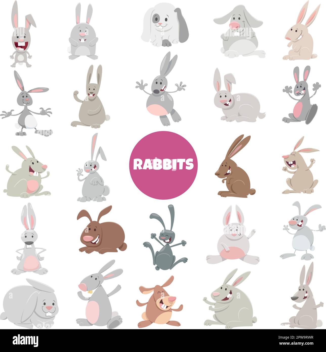 cartoon conigli divertenti caratteri animali grande set Illustrazione Vettoriale