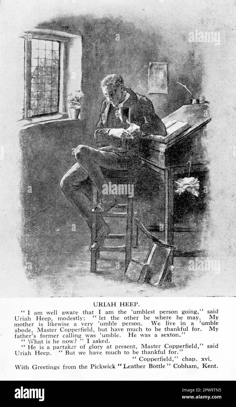 Una cartolina vintage raffigurante ‘Uriah Heep’, un personaggio del libro di Charles Dickens, “David Copperfield”. La carta porta anche un passaggio corrispondente dal libro ed è stata pubblicata come articolo promozionale per la casa pubblica 'The Leather Bottle' a Cobham, Kent. Costruito nel 1629, questo pub è stato presentato nel libro di Dickens, “The Pickwick Papers”. Foto Stock