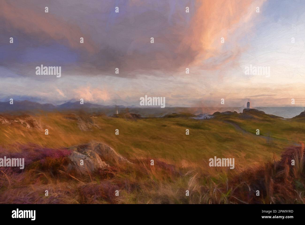 Pittura digitale del faro dell'isola di Llanddwyn, Twr Mawr a Ynys Llanddwyn su Anglesey, Galles del Nord al tramonto. Foto Stock