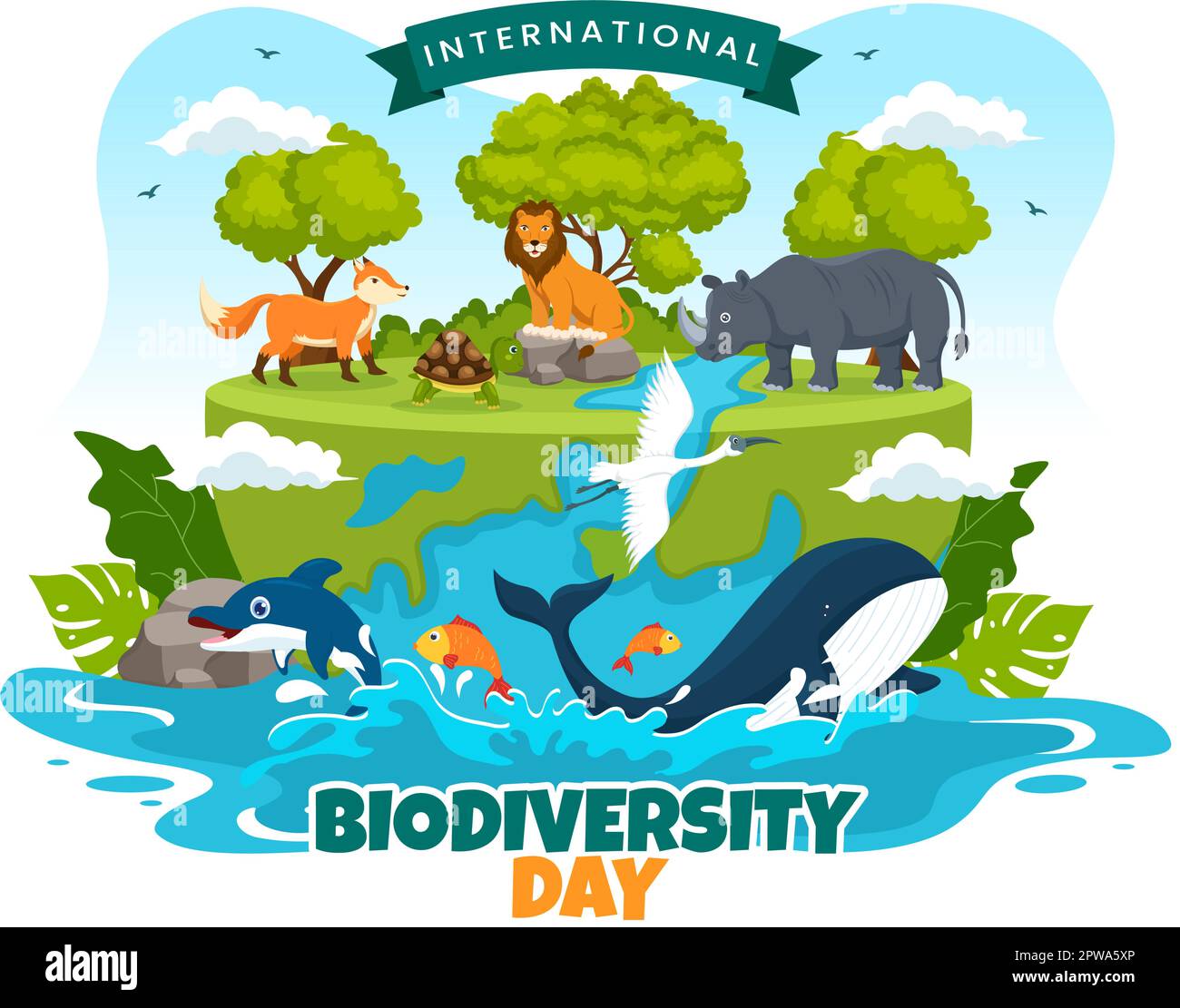 Giornata mondiale della biodiversità il 22 maggio Illustrazione con diversità biologica, Terra e animale in cartoon piano disegnata a mano per modelli di landing page Illustrazione Vettoriale